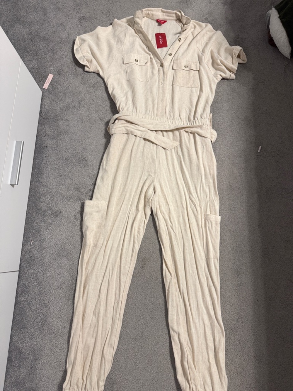 Guess Cream Short-Sleeve Utility Jumpsuit with Belt